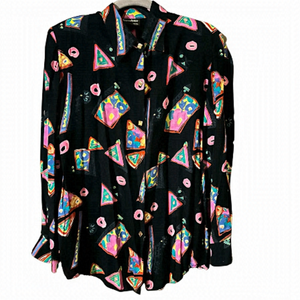 Vintage Chocolates 8 Retro Geometric Black Bright Print Button-Down Blouse